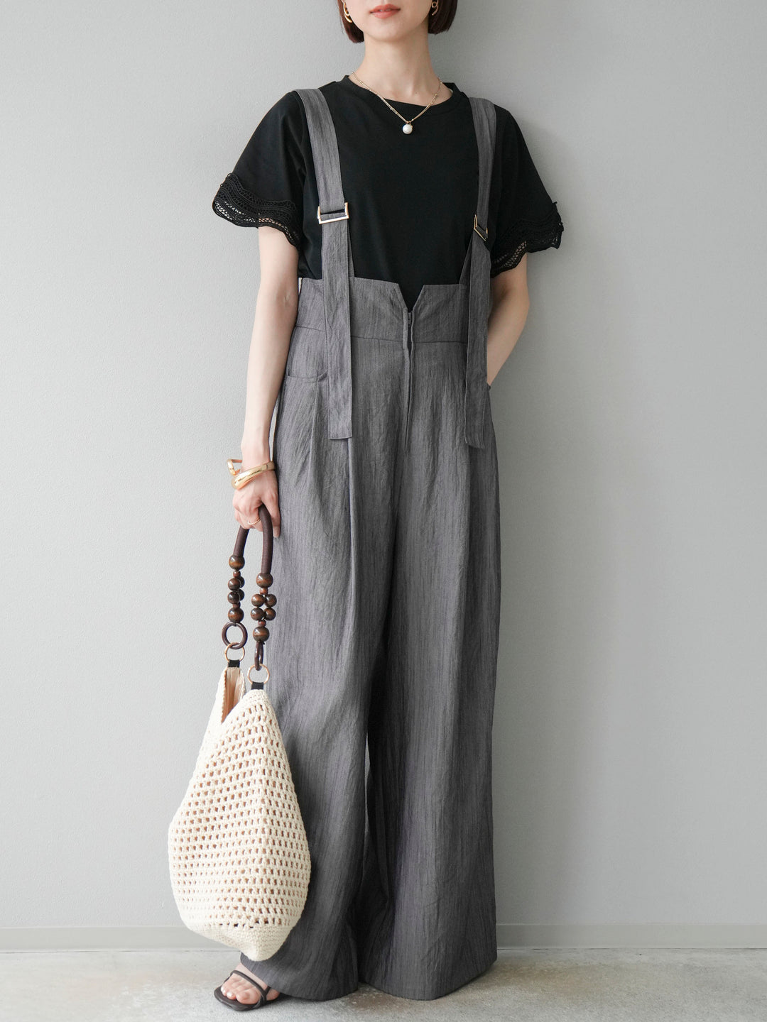 [予約]ストリングデザインハイウエストサロペット/チャコール