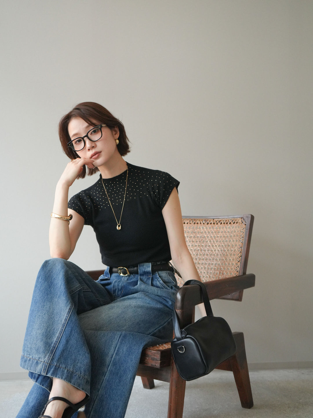 [SET]ビジューシアーフレンチニット+選べるアクセセット(2set)