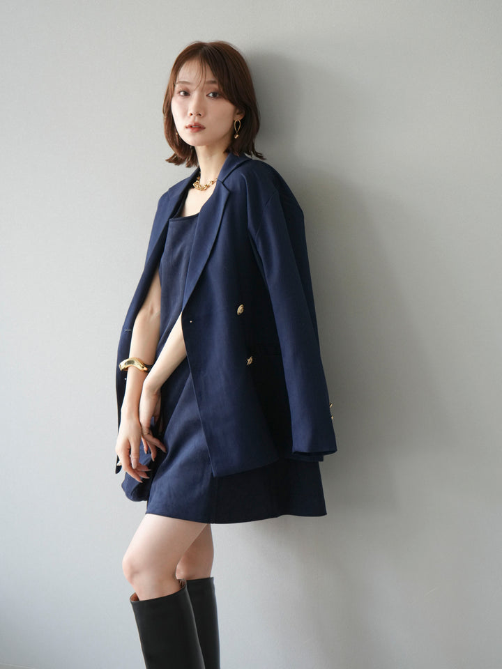 [SET]ゴールドボタンツイルダブルテーラードジャケット+ショルダーポーチ付スウェードミニワンピース(2set)