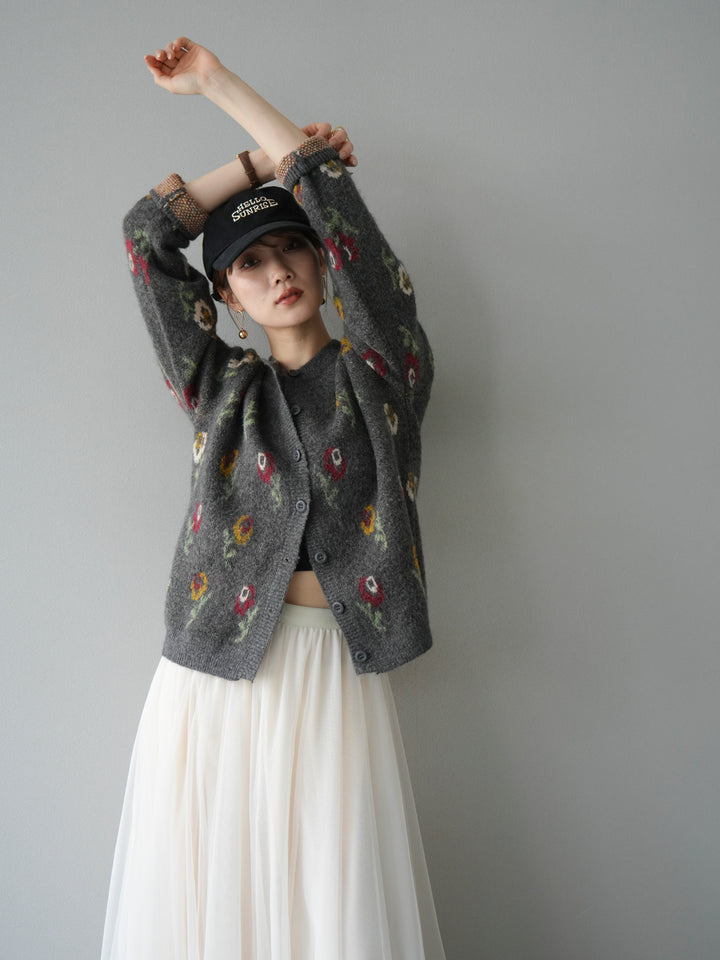 [予約]ウールタッチフラワーニットカーディガン/チャコール