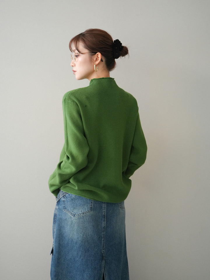 [予約]ボトルネック裾カールリブニットトップス/green