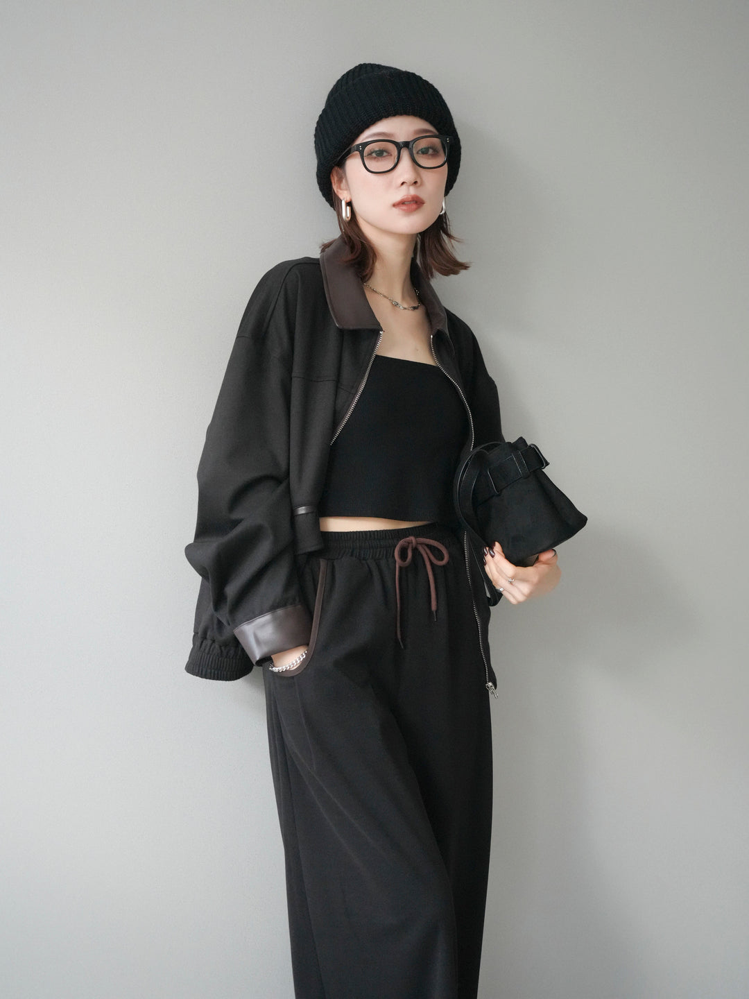 [予約]レザー襟配色パイピングブルゾン/black