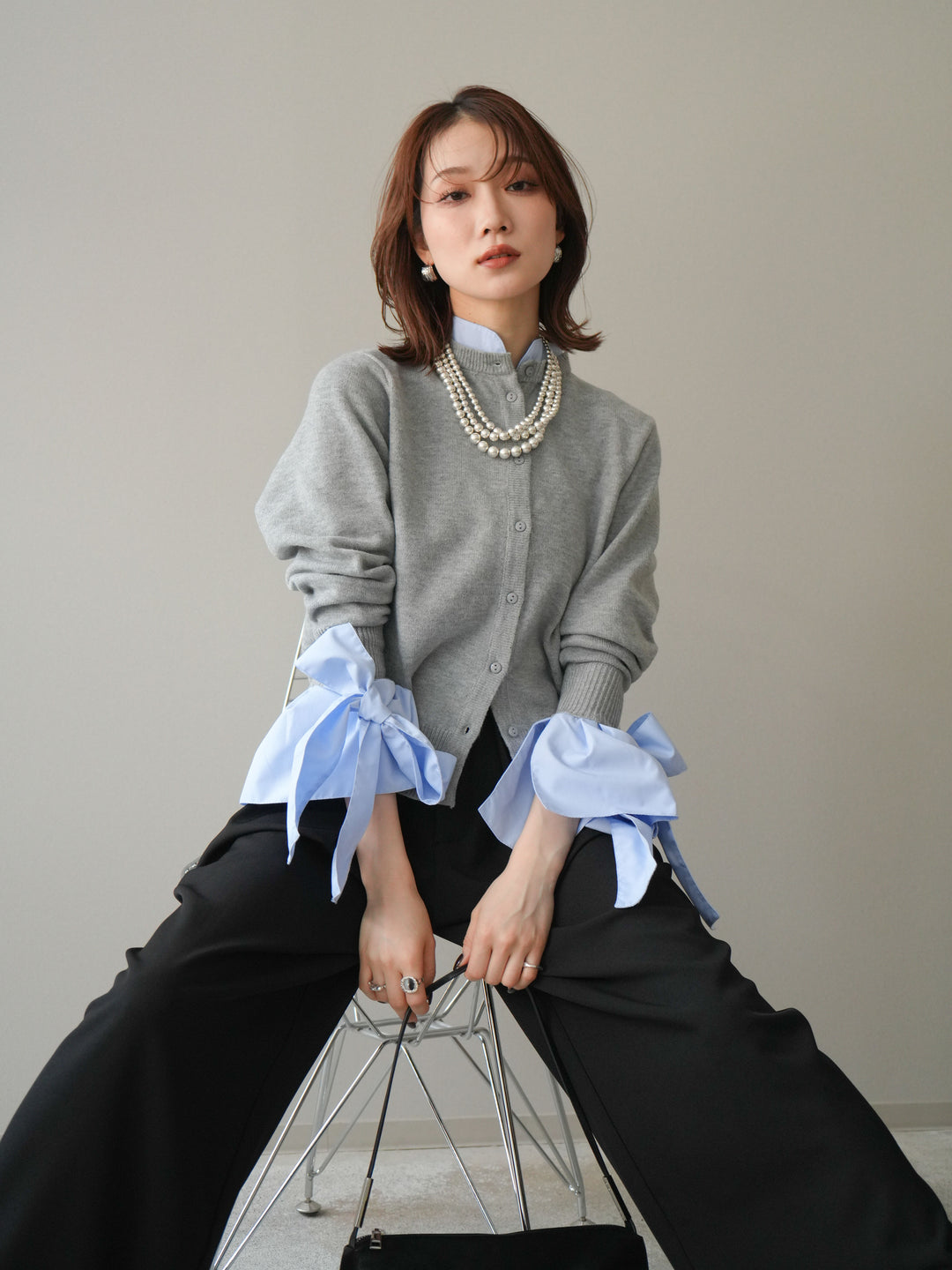 [予約]ウールライクリボンシャツカーディガン/gray