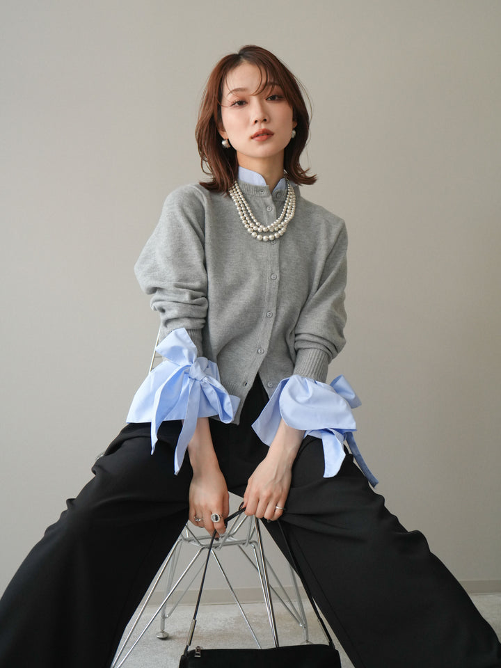 [予約]ウールライクリボンシャツカーディガン/gray