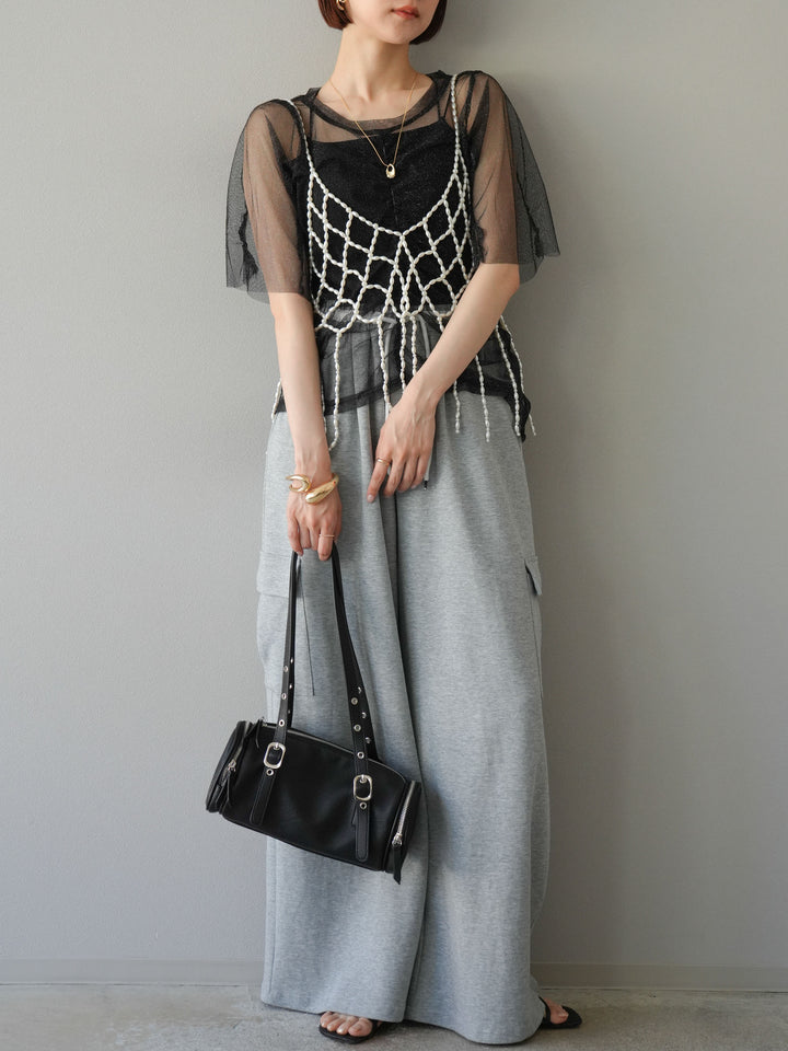 [SET]ラメチュールシャーリングプルオーバー+パールフリンジビスチェ+ウエストラインサイドポケットスウェットパンツ(3set)