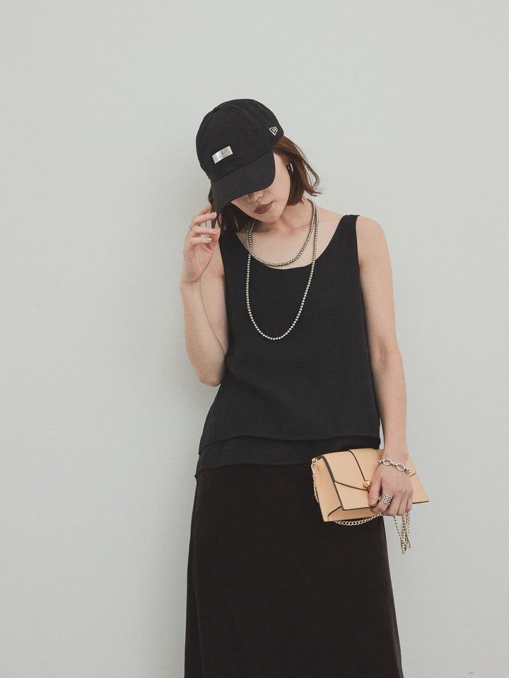 [SET]ワッシャーサテンシアーレイヤードタンクトップ+ベロアナロースカート(2set)