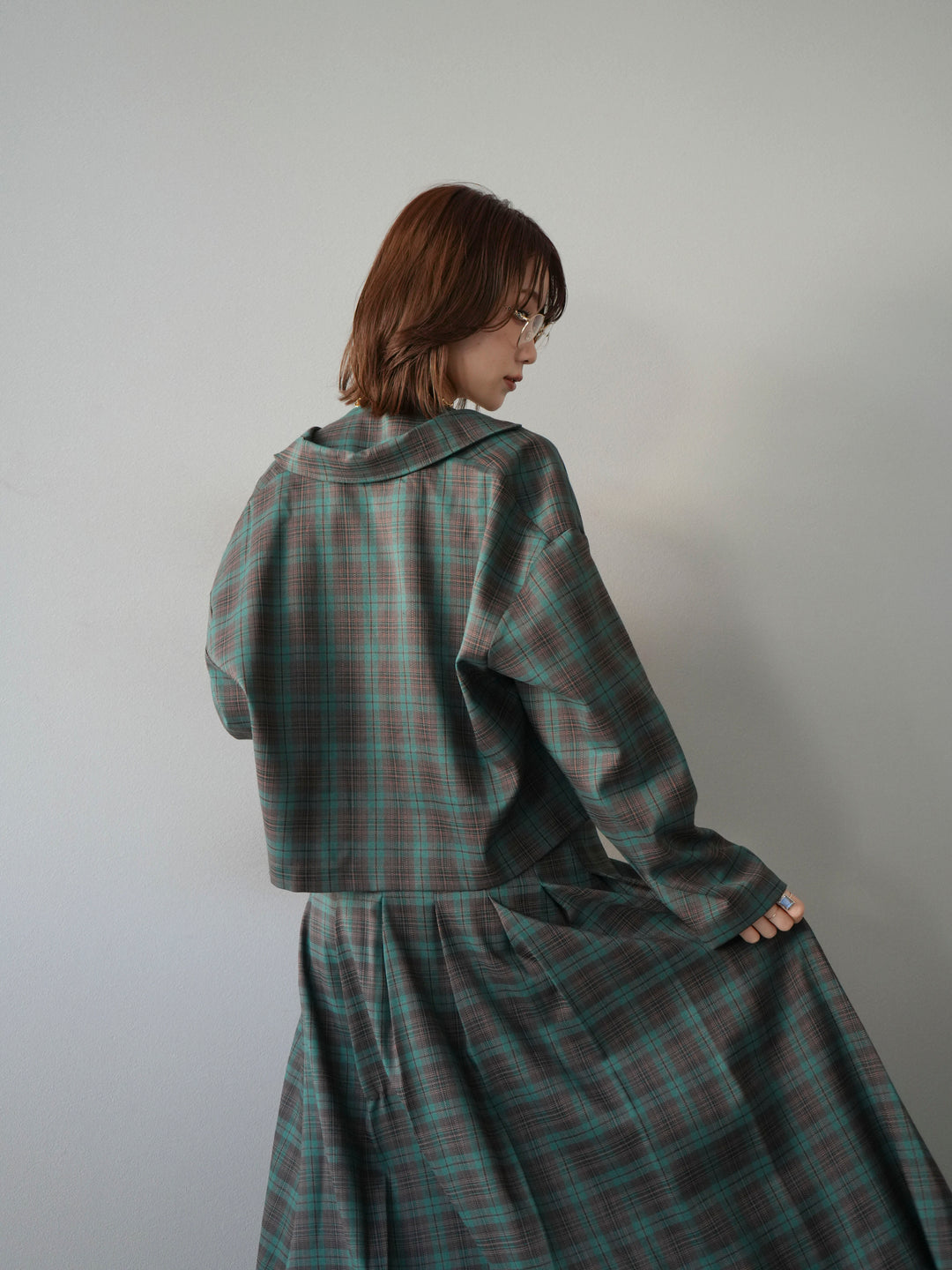 [SET]チェック柄ショートジャケット+チェック柄ベスト+チェック柄タックフレアスカート(3set)