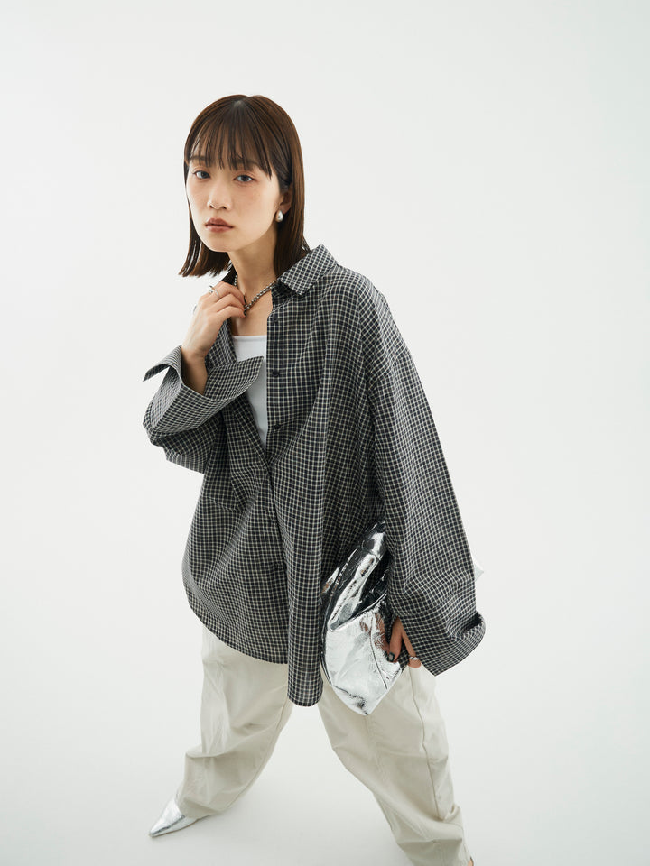 【Allure】[SET]チェックBIGカフスオーバーシャツ+タフタワイドカーブパンツ(2set)
