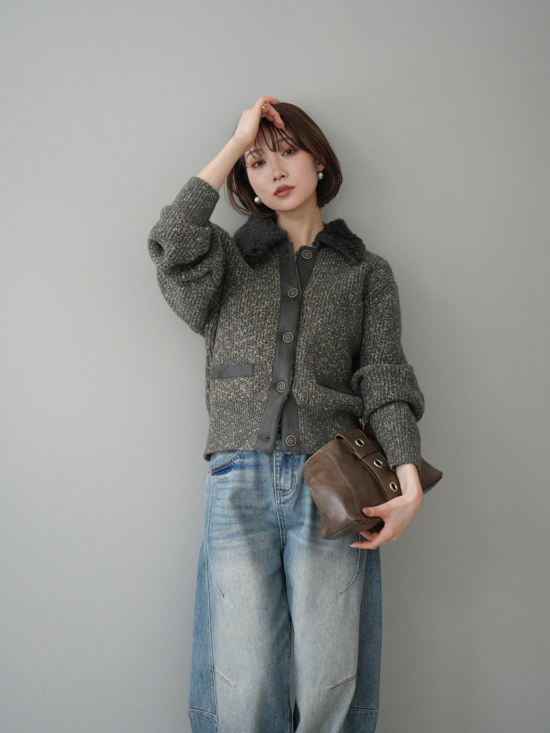 [予約]襟ボアミックスヤーンニットカーディガン/gray