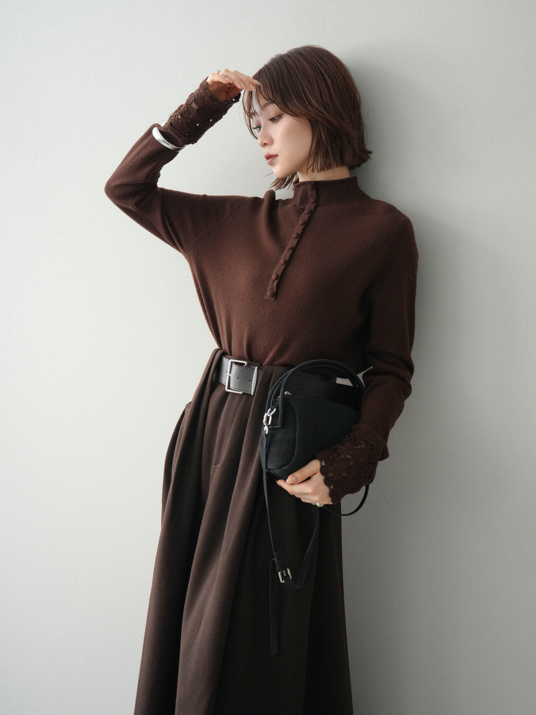 [予約]袖スカラップレースフロントボタンウールニットトップス/brown