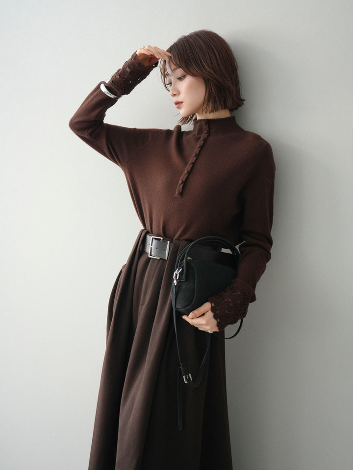 [予約]袖スカラップレースフロントボタンウールニットトップス/brown