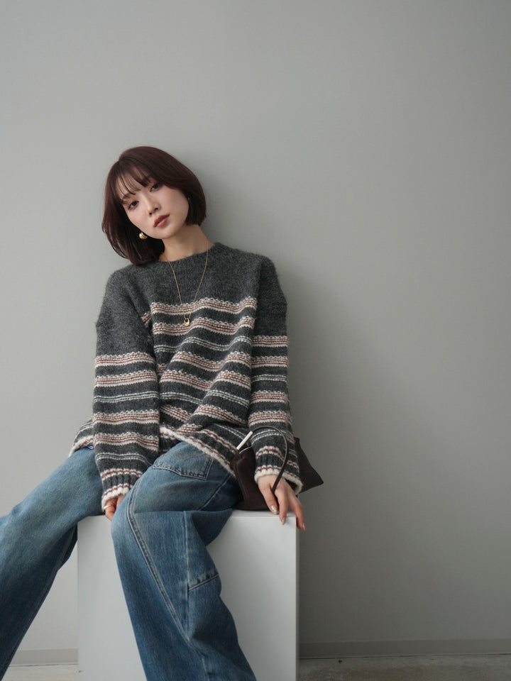 [予約]ステッチボーダーニットプルオーバー/gray