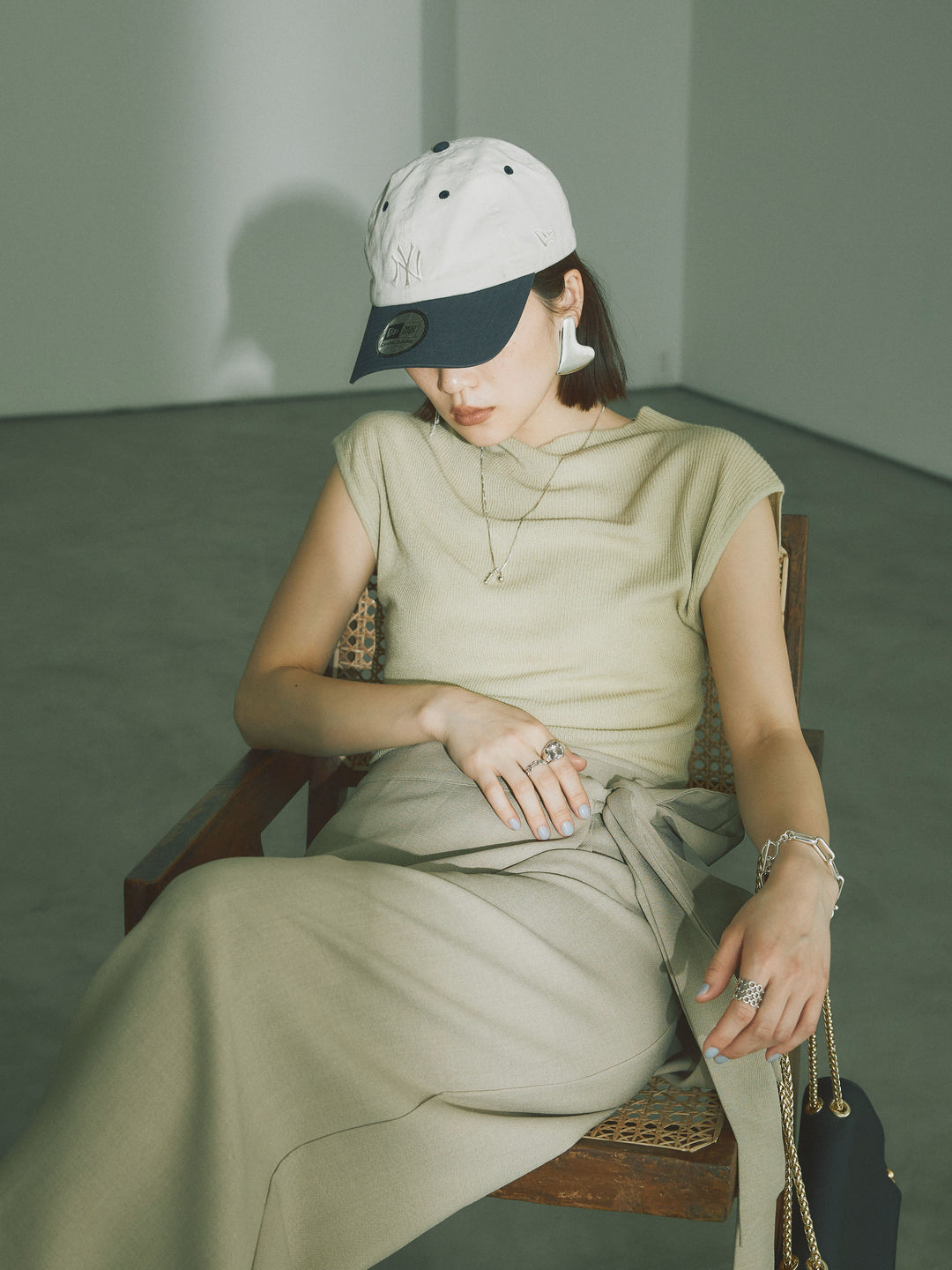 [予約]プチネックノースリーブリブニットトップス/ピスタチオ