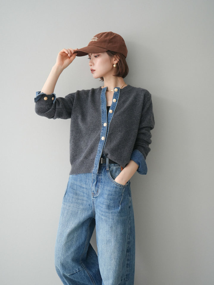 [SET]クルーネックデニムドッキングニットカーディガン+選べるアクセセット(2set)