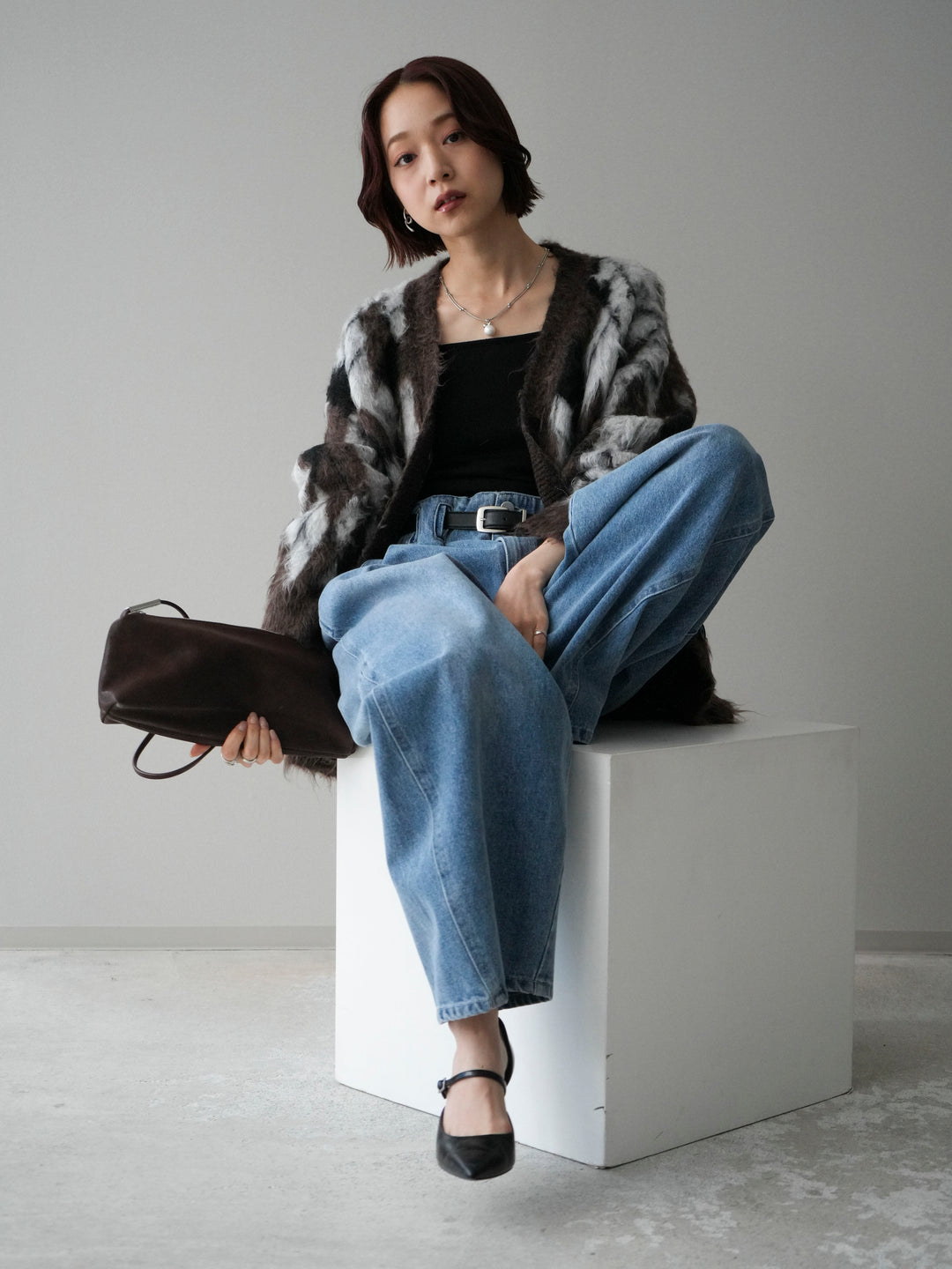 [予約]アーガイル柄シャギーニットカーディガン/brown