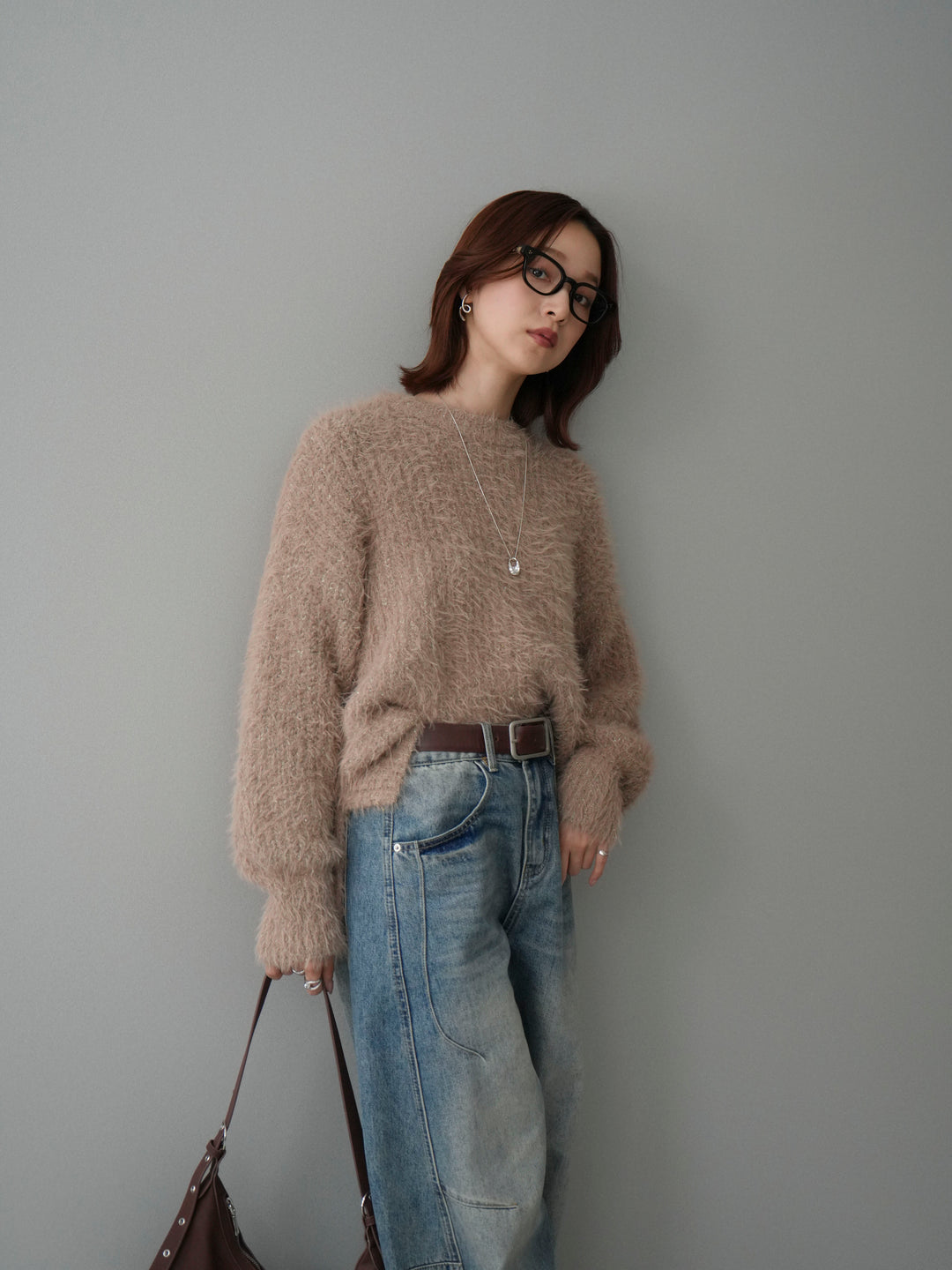 [SET]ボリュームスリーブシャギー MIXニットプルオーバー+ベルト付カーブデニムパンツ(2set)