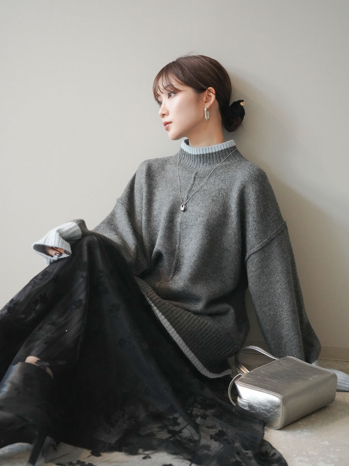 [SET]配色ハイネックニットプルオーバー+フラワーフロッキーチュールプリーツスカート(2set)
