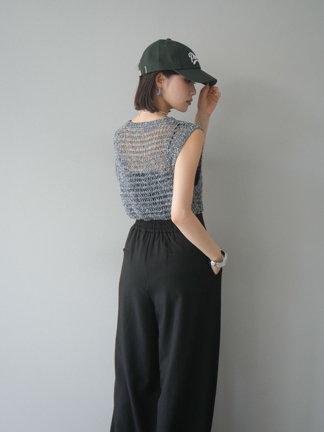 [予約]ミックスヤーン透かし編みニットタンクトップ/ブラック