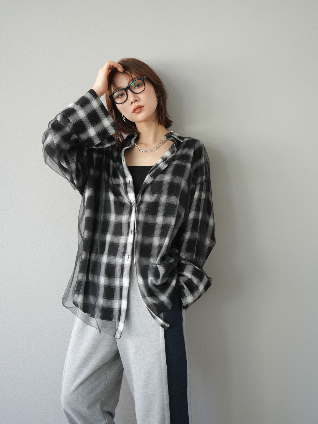 [套裝] 薄紗對接格紋寬鬆襯衫 + 牛仔布 Switch 2-Way 設計運動褲 (2 套)