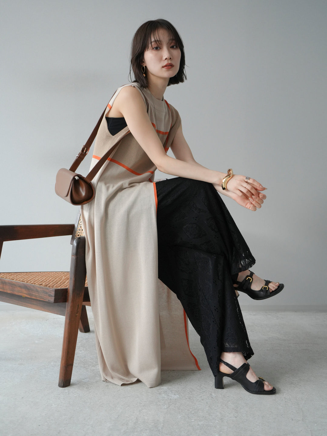 [予約]配色スリットニットワンピース/ベージュ