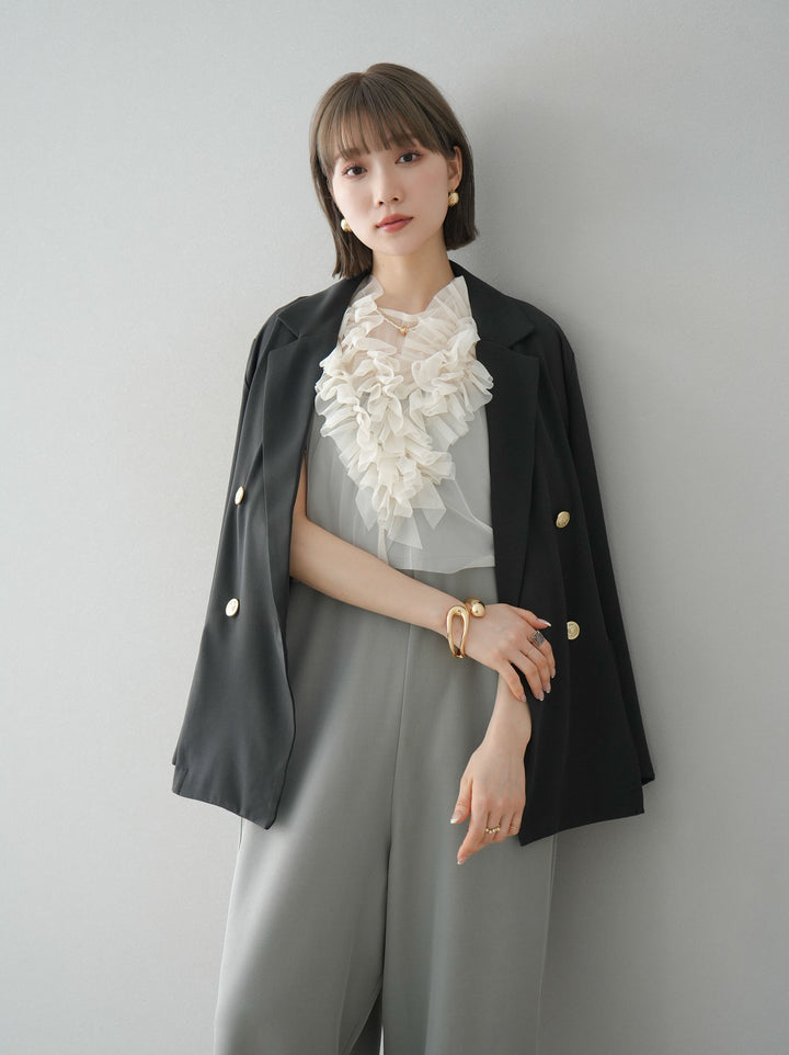 [預訂] 薄紗荷葉邊背心 x 連身套裝/灰色