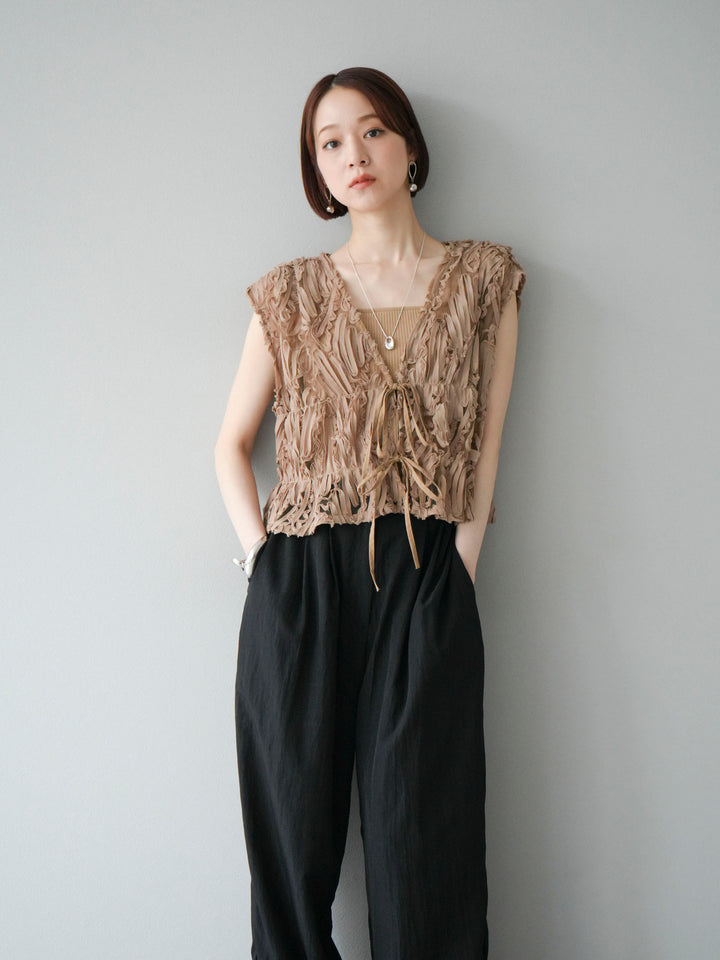 [SET] 提花蕾絲蝴蝶結上衣+麻質下擺迴力寬褲（2件套）