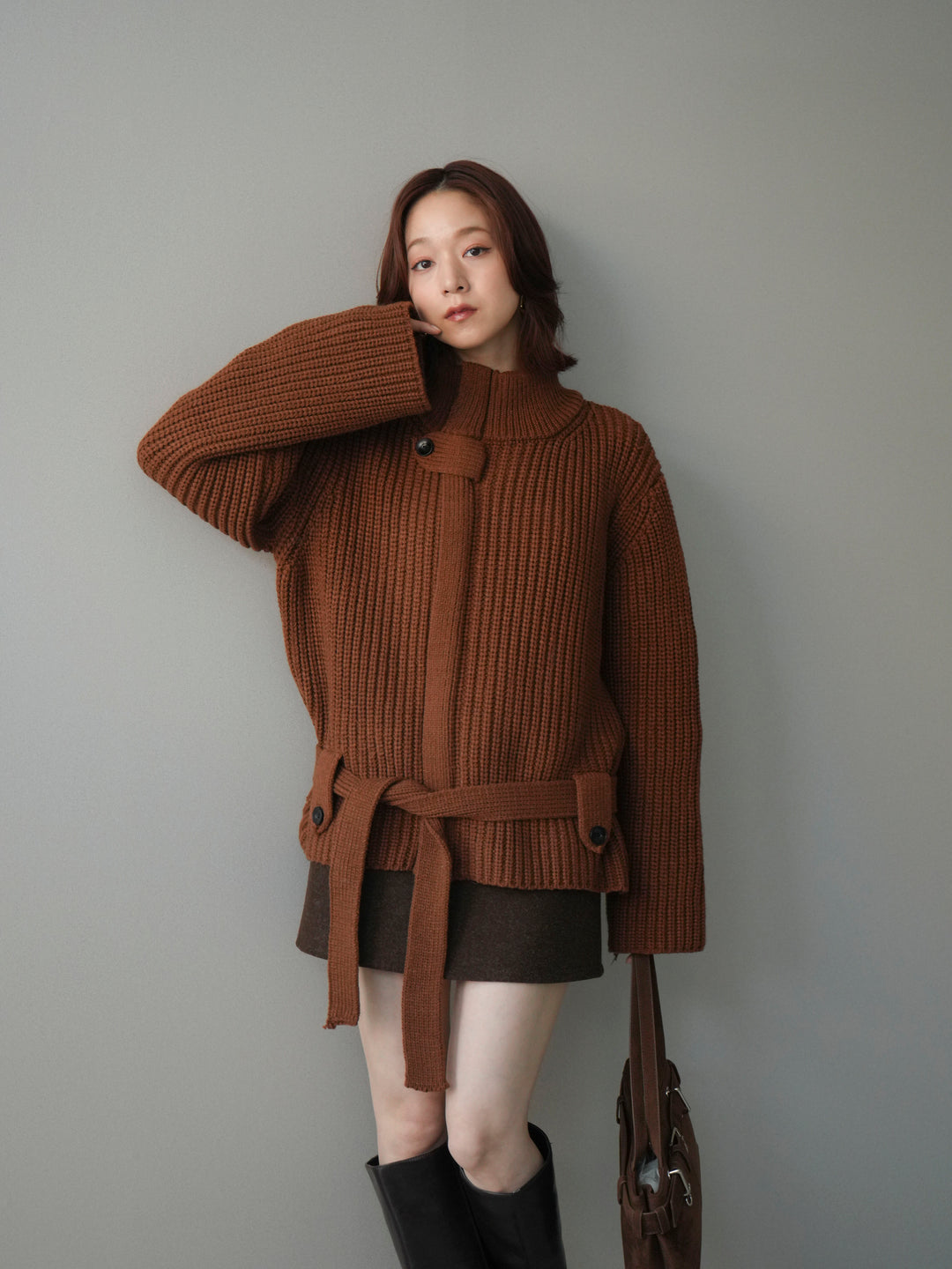 [予約]畦編みボトルネックZIPニットカーディガン/brown