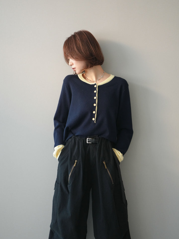 [予約]ヘンリーネック配色ニットソー/navy