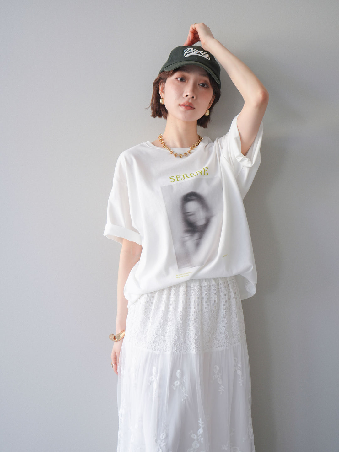 [SET]ブラーアートフォトTシャツ+シアーレースマキシスカート(2set)