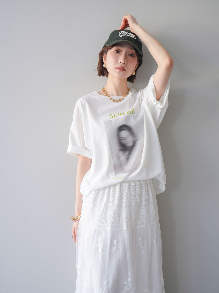 [SET]ブラーアートフォトTシャツ+シアーレースマキシスカート(2set)
