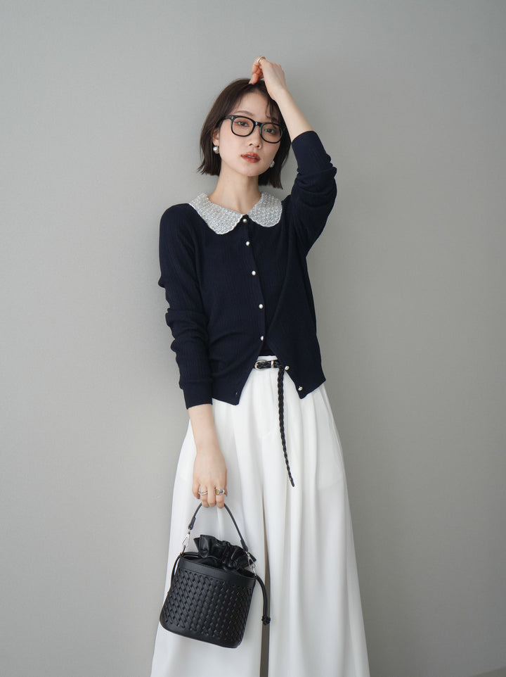 [SET]ビジュー襟パールボタンニットカーディガン+編み込みベルト付タックワイドパンツ(2set)