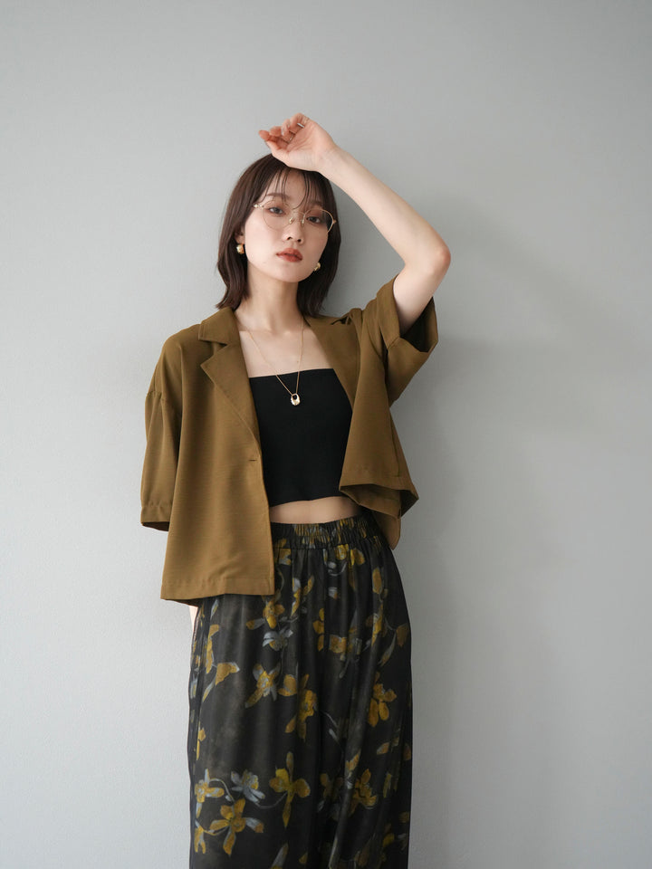 [SET]ハーフショートジャケット+フラワープリントチュールレイヤードパンツ(2set)