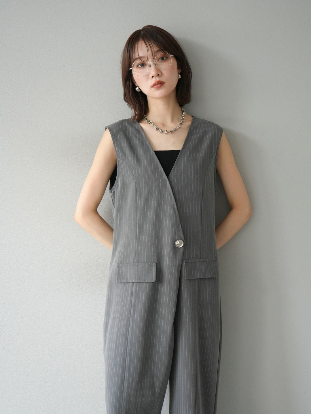 [予約]ストライプラップデザインオールインワン/グレー