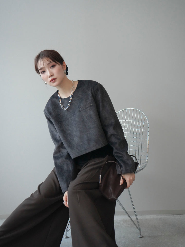 [予約]リブニットレイヤードスエードプルオーバー/charcoal