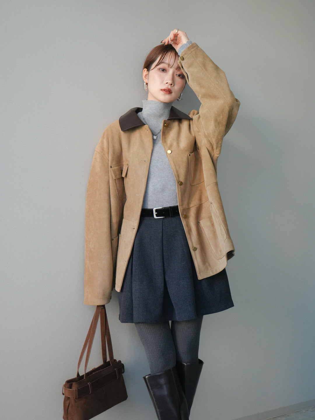 [SET]襟レザーステンカラースエードジャケット+襟レザーステンカラースエードジャケット(2set)