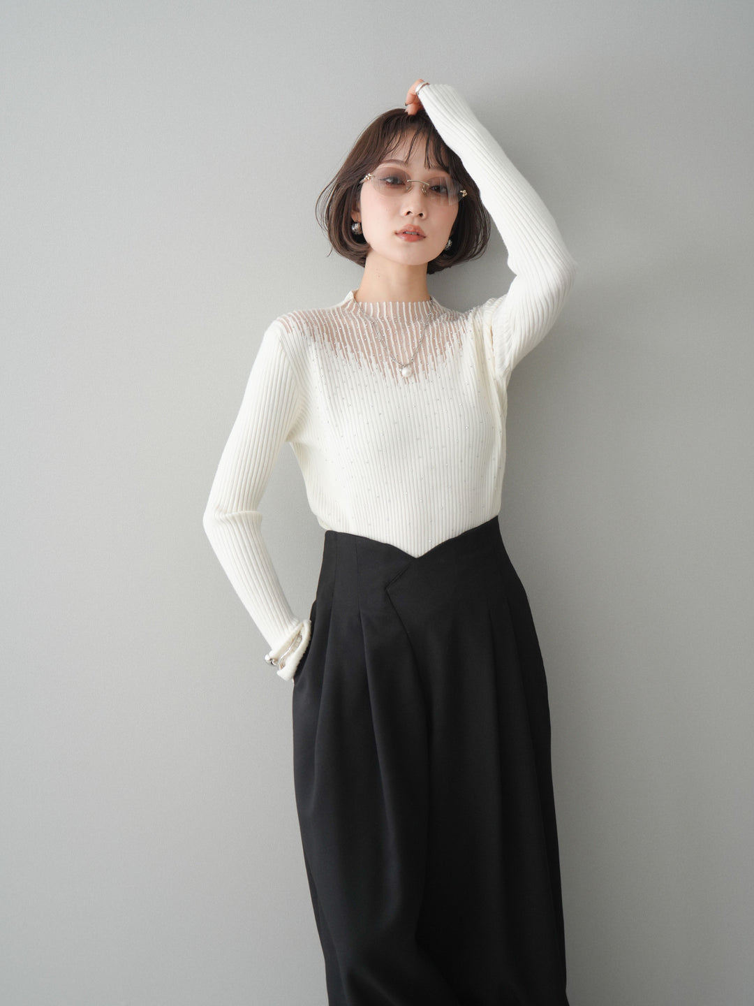 [予約]シアー切替スパンコールリブニットトップス/ivory