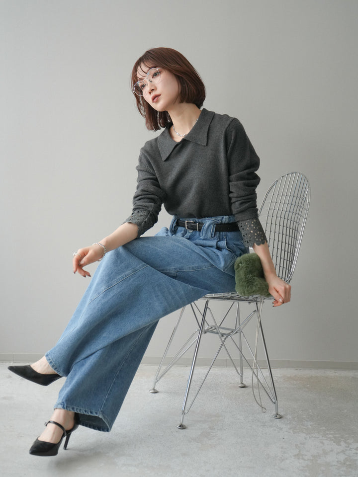 [SET]スカラップレース袖襟付きニットトップス+選べるアクセセット(2set)