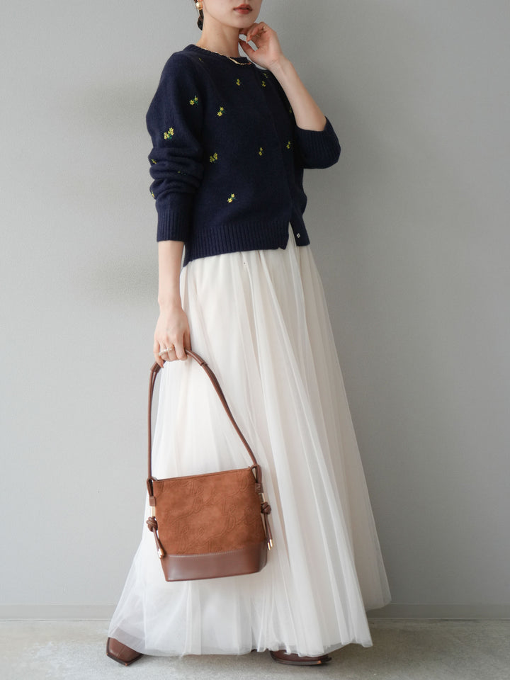 [SET]フラワー刺繍ニットカーディガン+チュールボリュームスカート(2set)