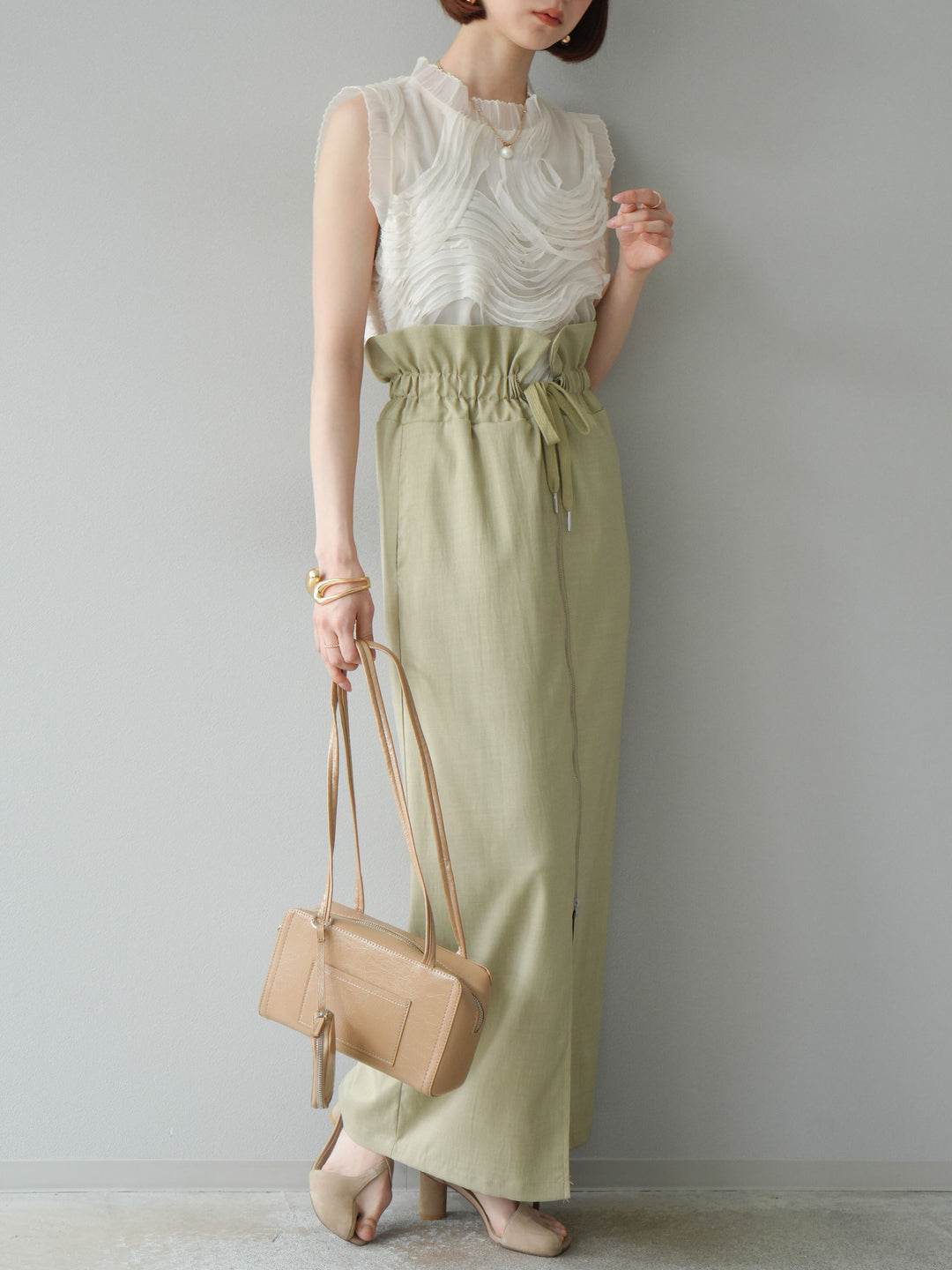 [SET]チュールジャガードノースリブラウス+ヘザーエステルギャザージップスカート(2set)