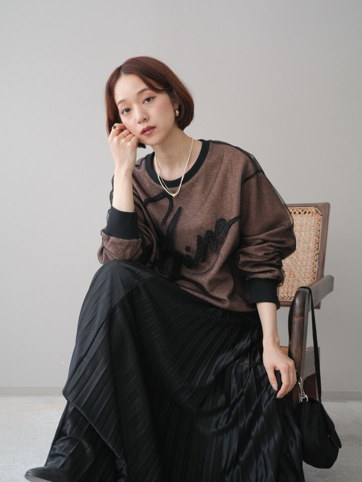 [SET]チュールレイヤードロゴスエットプルオーバー+サテンプリーツマキシスカート(2set)