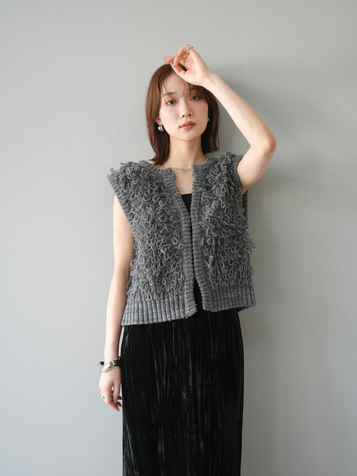 [SET]レザー襟オンブレチェックオーバーシャツ +ループデザインホックベスト +クラッシュベロアナロースカート(3set)