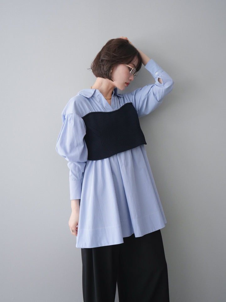 [予約]ニットビスチェドッキングフレアシャツチュニック/stripe