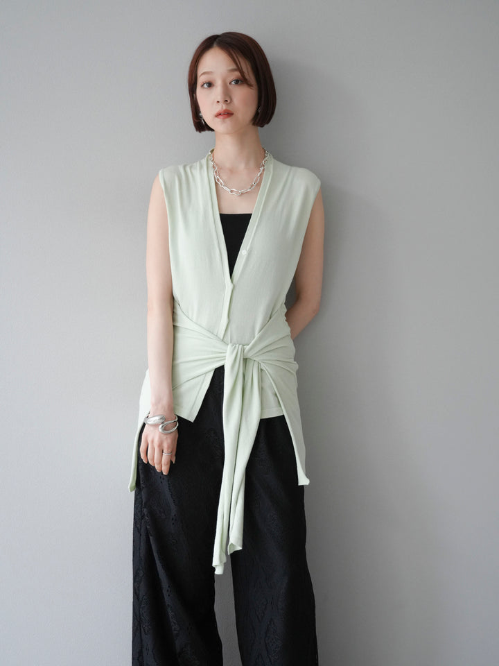 [SET]腰巻きデザインノースリーブニットカーディガン+レースタックイージーパンツ(2set)