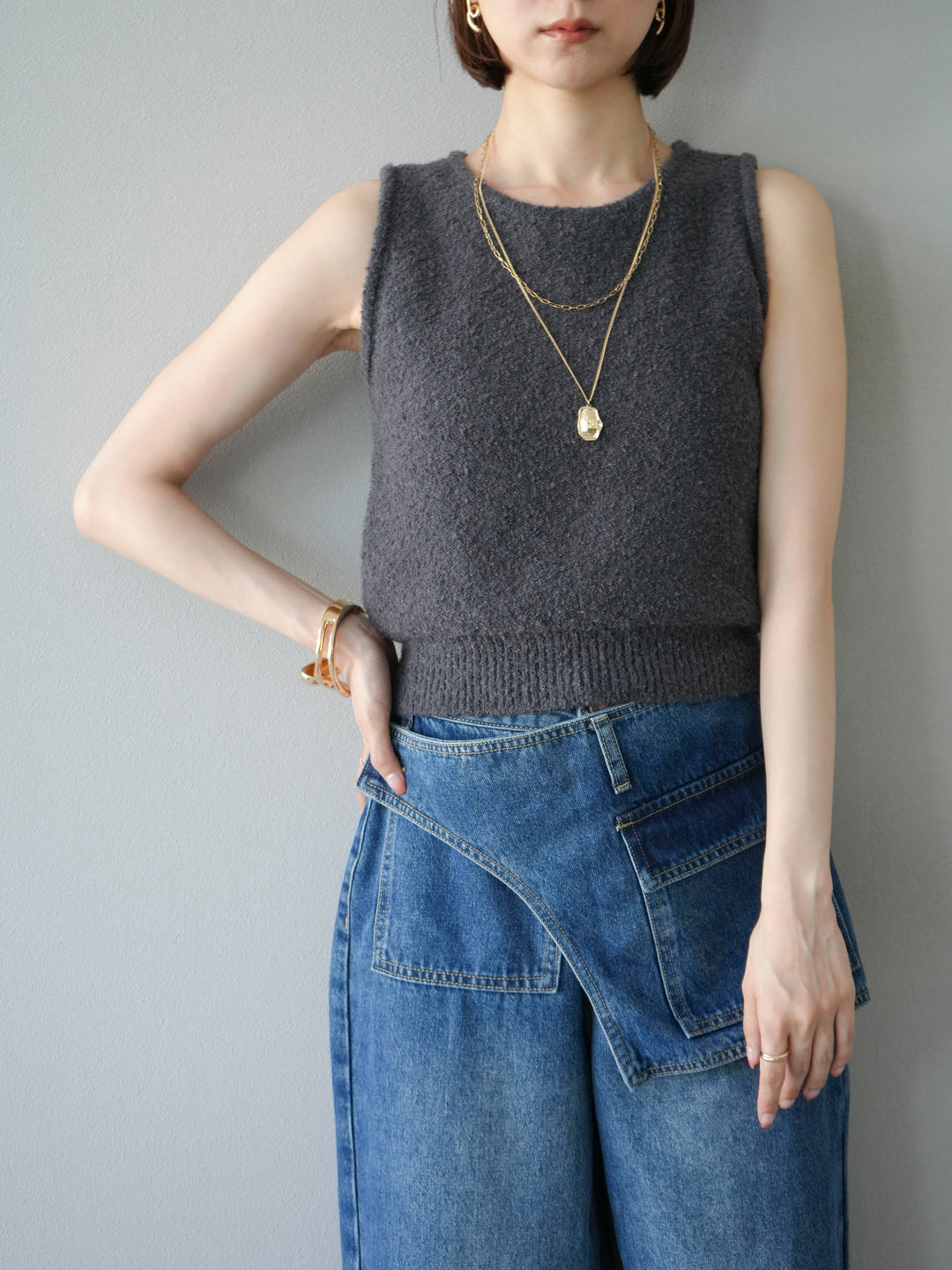 [予約]ブークレニットタンクトップ/チャコール