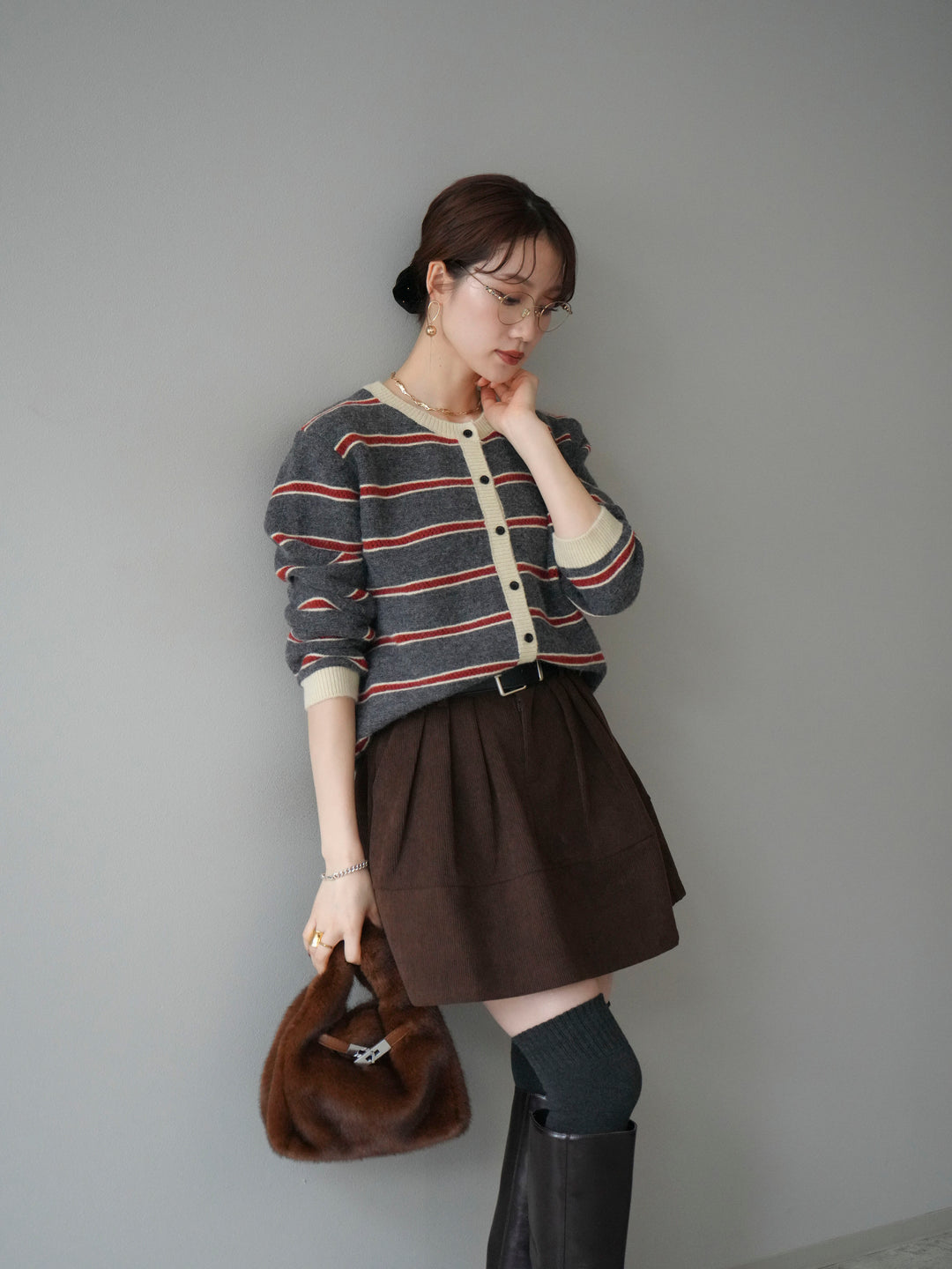 [予約]配色ボーダーニットカーディガン/gray