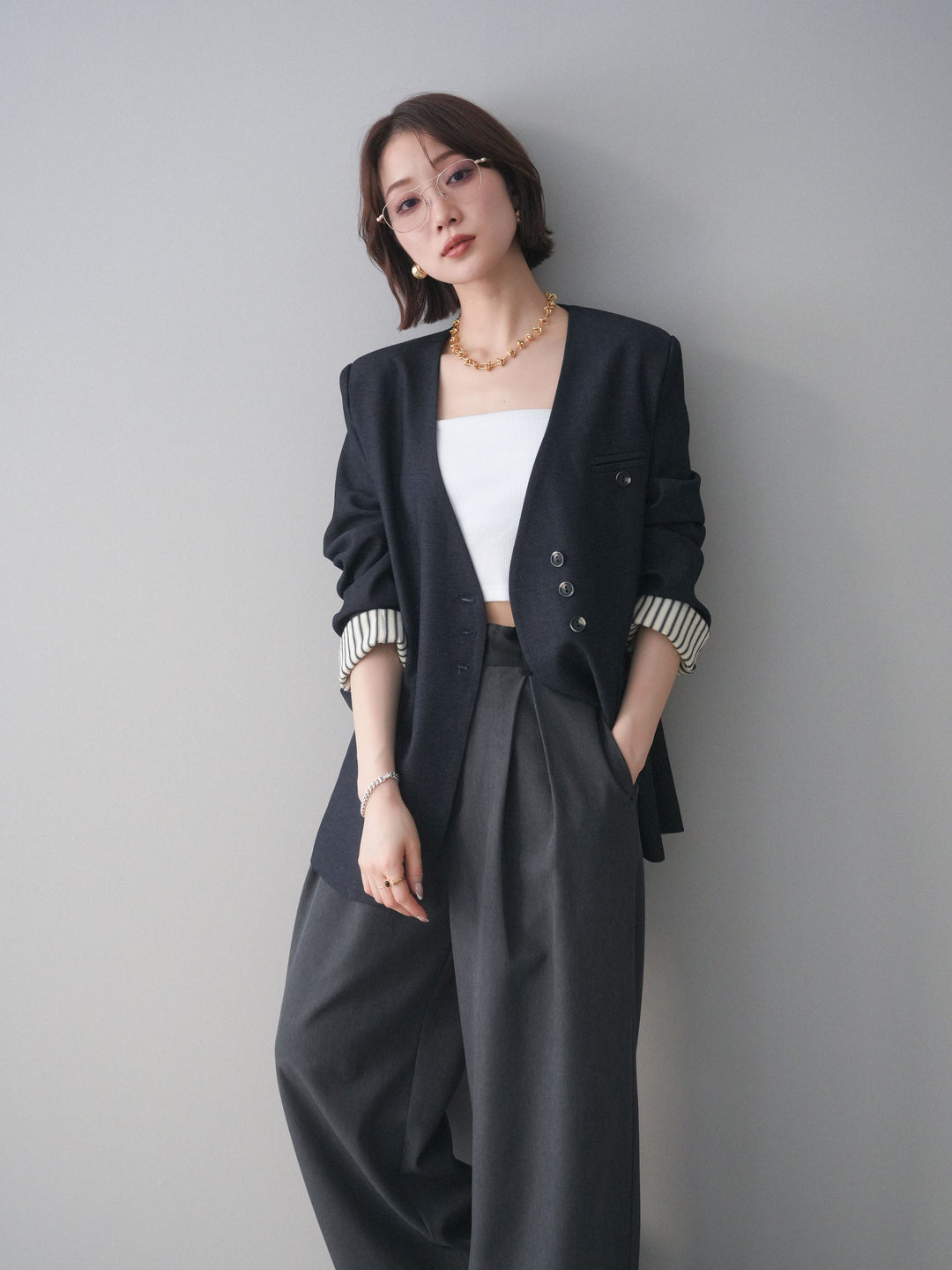 [SET]ノーカラージャケット+選べるアクセセット(2set)