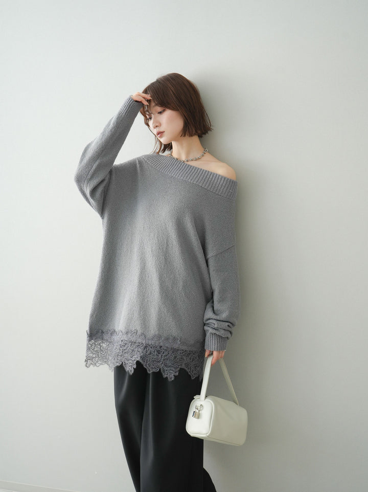 [SET]アシンメトリーレースヘムニットプルオーバー+ベルト付キーホルダーモチーフワイドパンツ(2set)