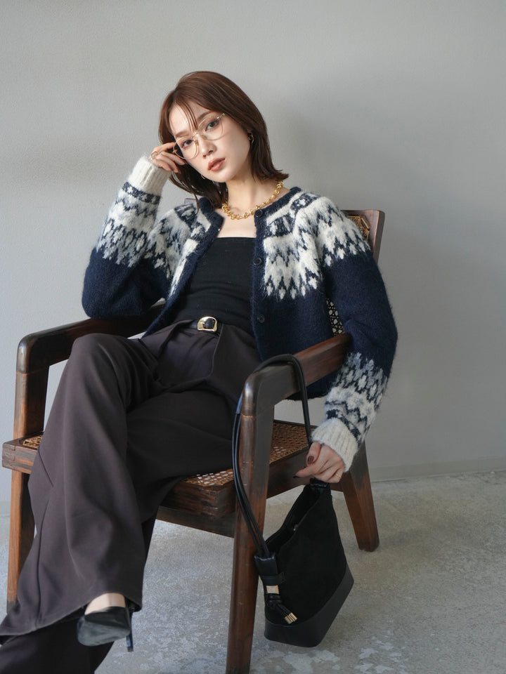 【着回しセット】[SET]求心柄クロップドニットカーディガン+ミックスヤーンペイズリー柄ニットカーディガン+ベルトループデザインワイドパンツ(3set)