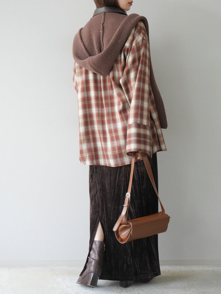 [SET]レザー襟オンブレチェックオーバーシャツ +クラッシュベロアナロースカート(2set)