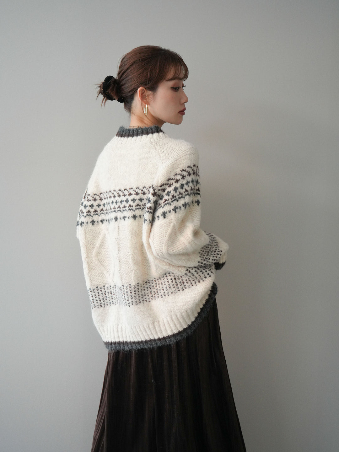 [予約]裾配色ノルディック柄ニットプルオーバー/White